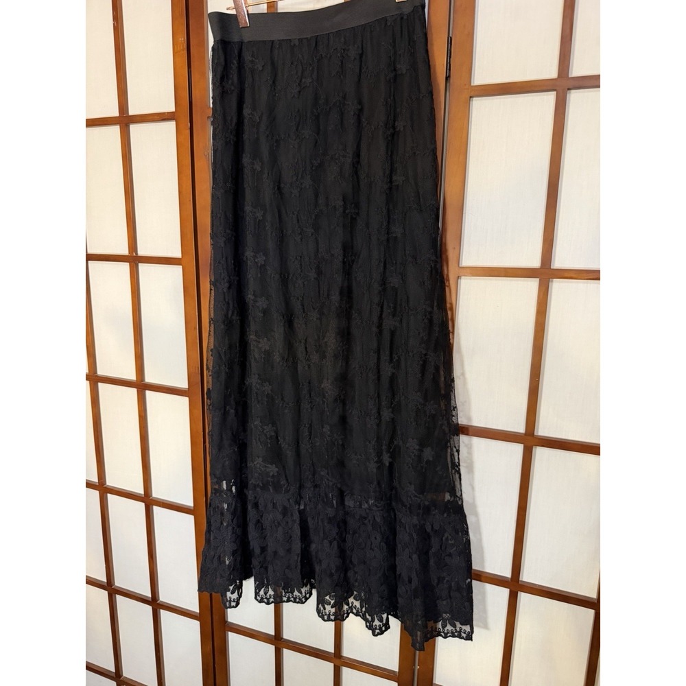 Cato S- Black Dark Romance Whimsygoth Sheer Lace Flowy Maxi Skirt Fairy Grunge